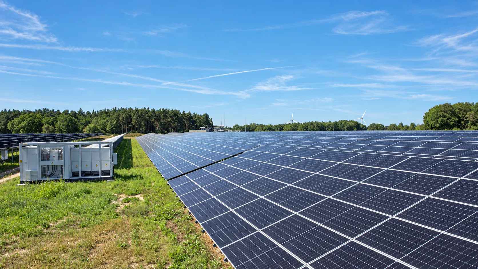 Visualisierung des Batteriespeichers zwischen Gehölzen im Sonnenpark Halenbeck-Rohlsdorf